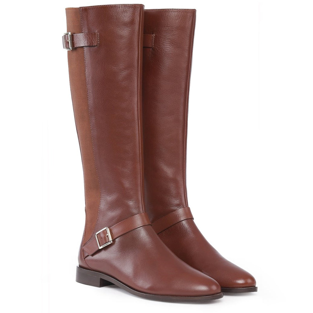 Tan leather knee high boots for women UK, pair view showing double buckle strap