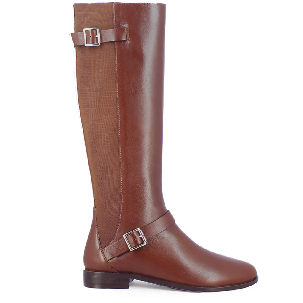 Saint Delores tan leather knee high boots for women, side view of double buckle strap