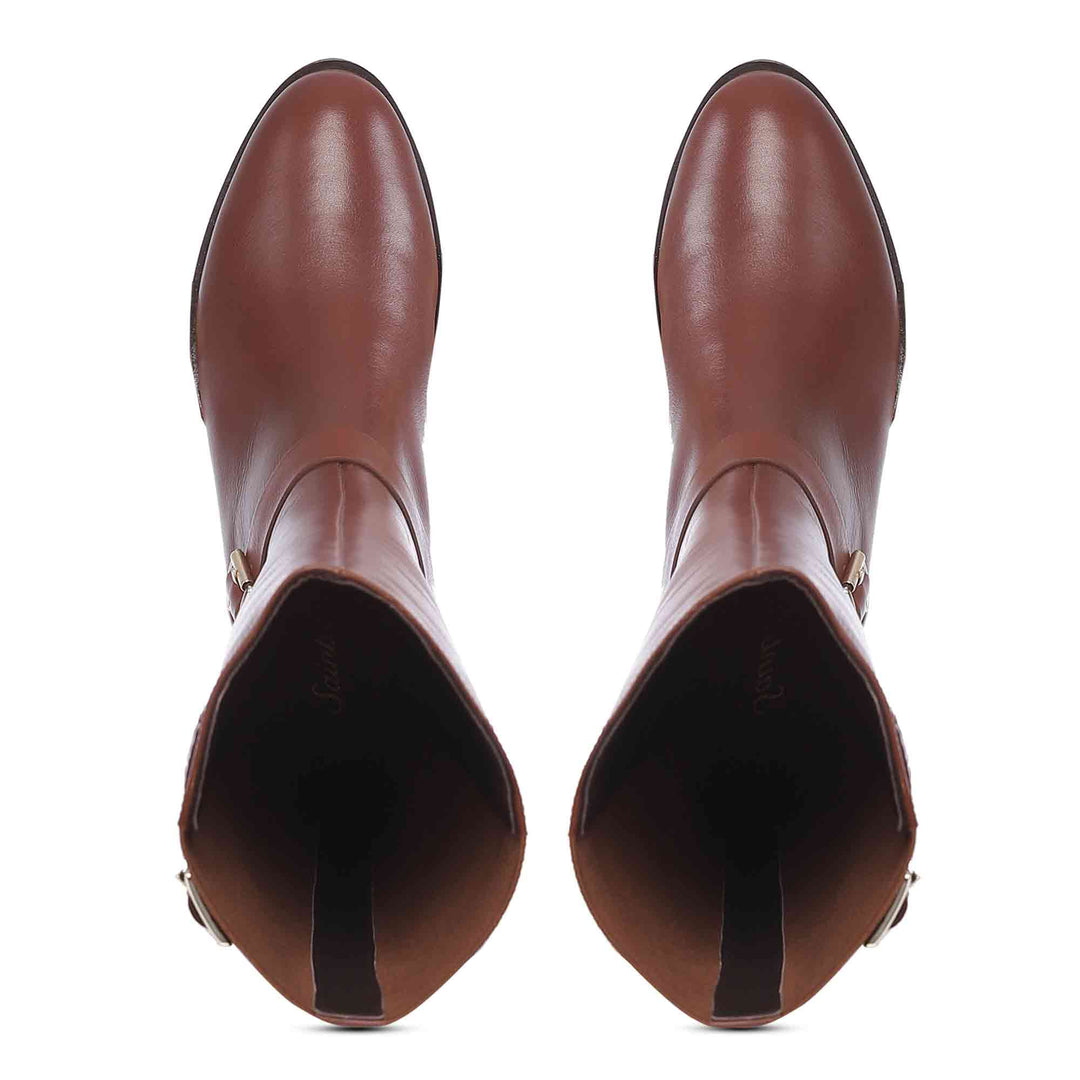 Saint Delores tan knee high boots, top-down view of toe and buckle