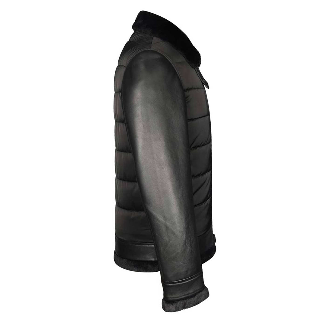 Back view of a man wearing a black quilted jacket with a fur collar.