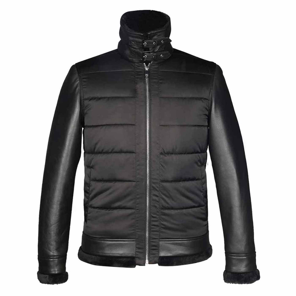 Man wearing a zipped-up black quilted jacket with a fur collar.