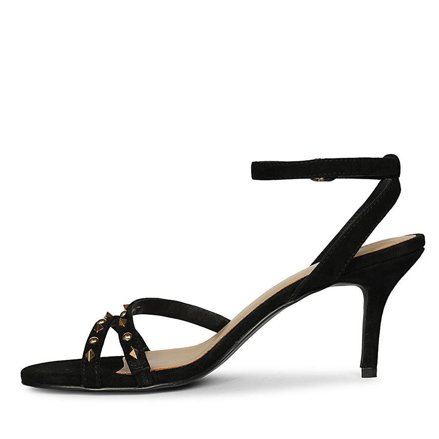 Women's Saint Dovie Studded Black Suede Leather Stilettos, angled view