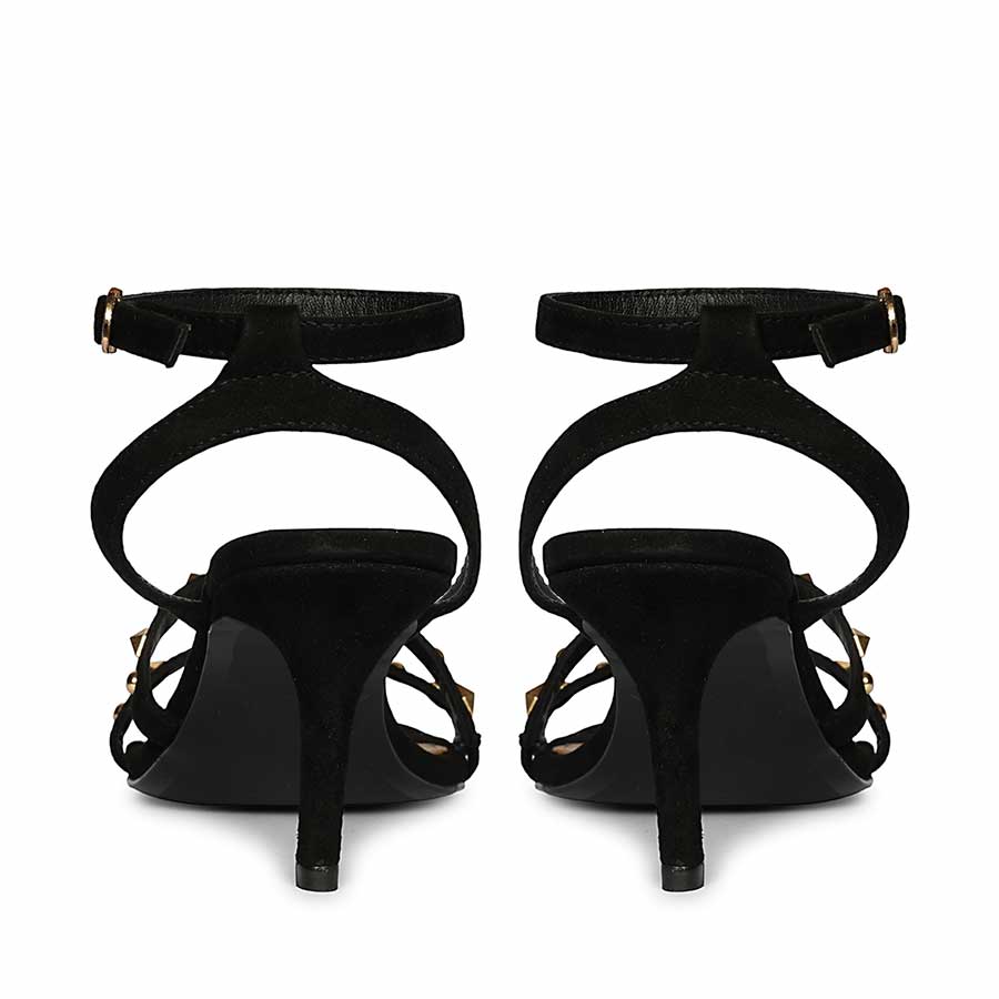 Women's Saint Dovie Studded Black Suede Leather Stilettos, back pair view