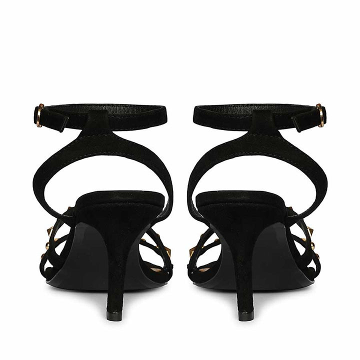 Women's Saint Dovie Studded Black Suede Leather Stilettos, back pair view