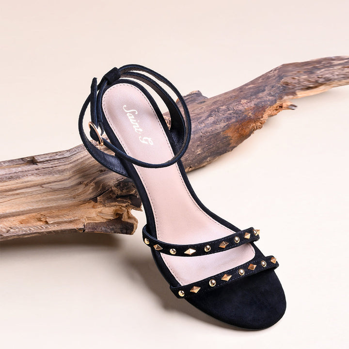 Women's Saint Dovie Studded Black Suede Leather Stilettos, lifestyle view