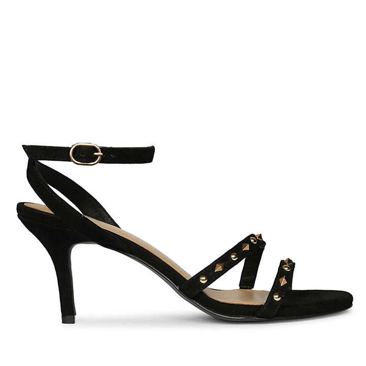 Women's Saint Dovie Studded Black Suede Leather Stilettos, side view