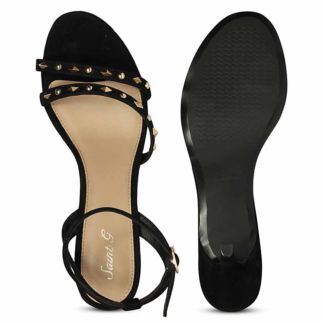 Women's Saint Dovie Studded Black Suede Leather Stilettos, sole view