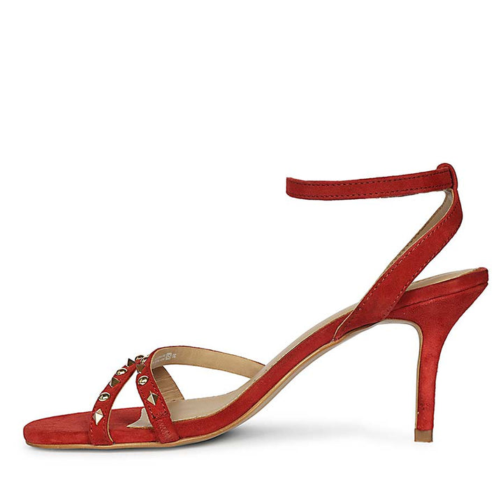 Women's Saint Dovie Studded Red Suede Leather Stilettos, angled view