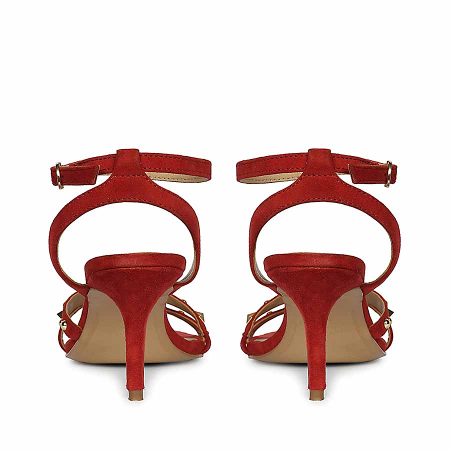 Women's Saint Dovie Studded Red Suede Leather Stilettos, back pair view