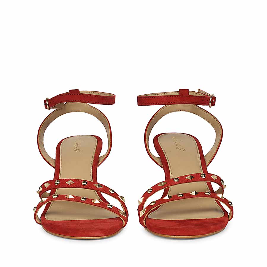 Women's Saint Dovie Studded Red Suede Leather Stilettos, front pair view