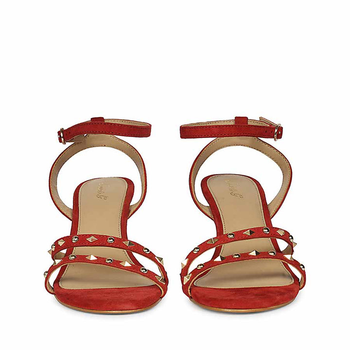 Women's Saint Dovie Studded Red Suede Leather Stilettos, front pair view