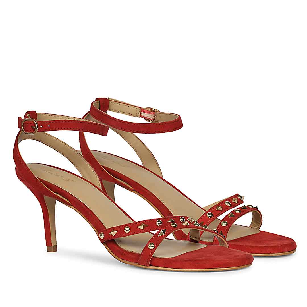 Women's Saint Dovie Studded Red Suede Leather Stilettos, pair view