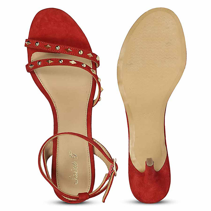 Women's Saint Dovie Studded Red Suede Leather Stilettos, sole view