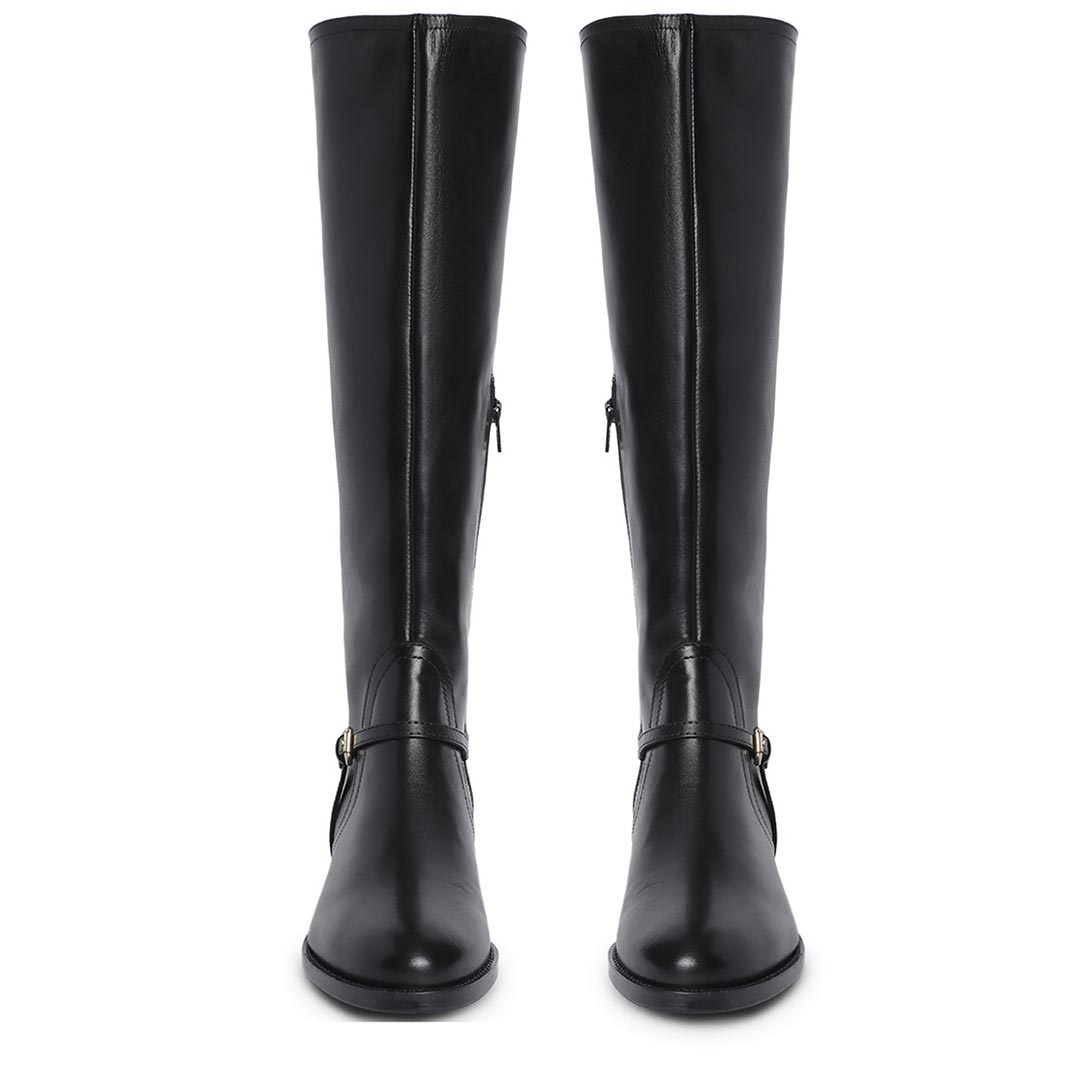 Women's black leather knee high boots, front pair view of buckle strap