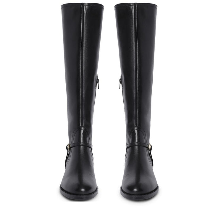 Women's black leather knee high boots, front pair view of buckle strap