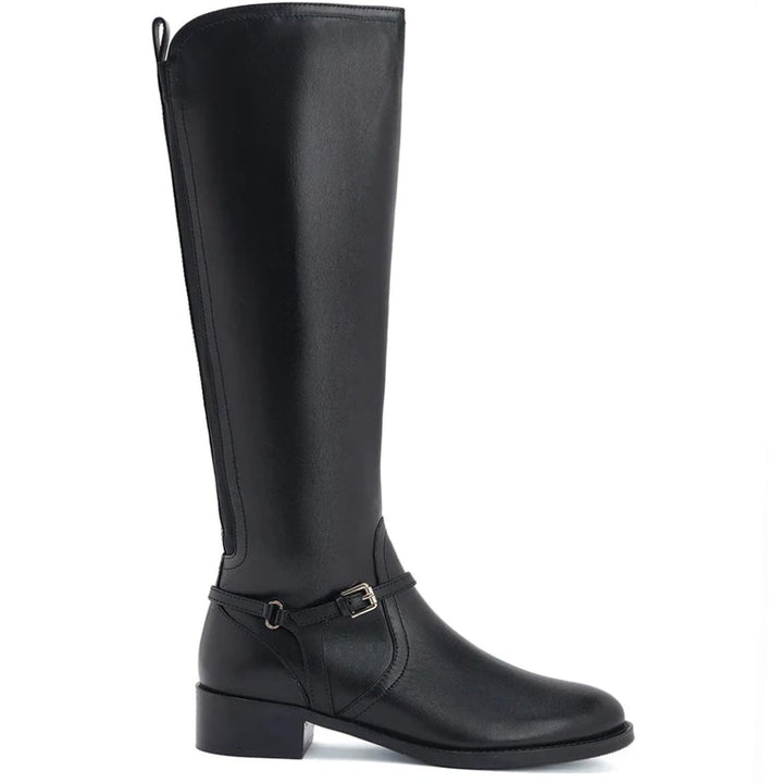 Saint Drusilla black leather knee high boots for women, side view of ankle buckle strap