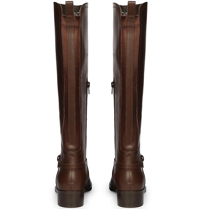Women's brown leather knee high boots, back pair view