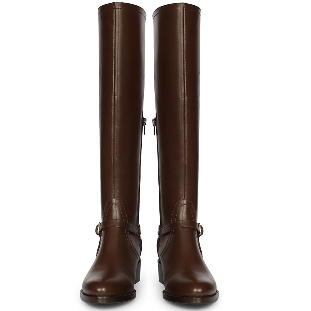 Saint Drusilla brown leather knee high boots, front pair view of buckle strap