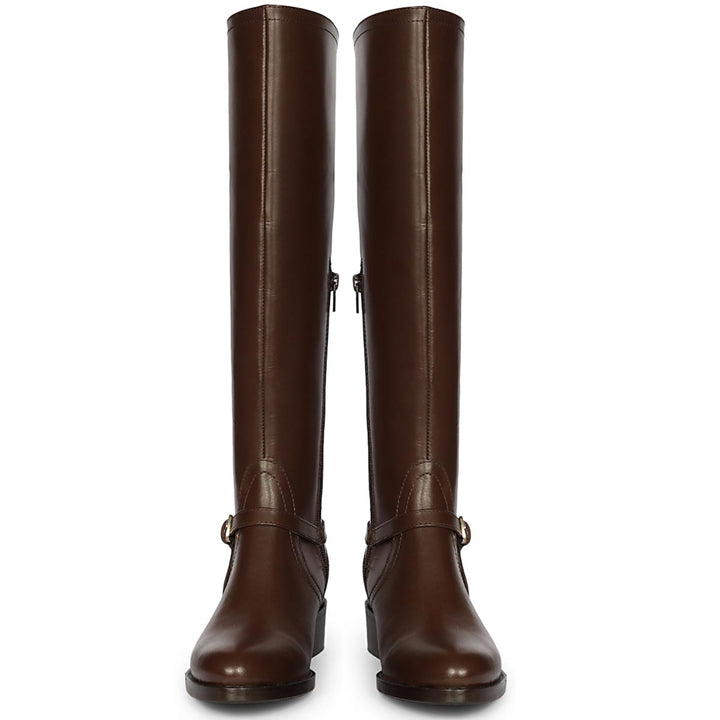 Saint Drusilla brown leather knee high boots, front pair view of buckle strap