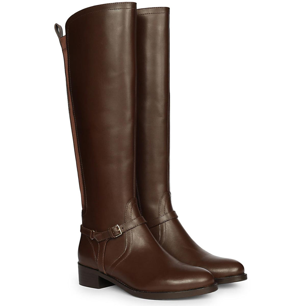 Brown leather knee high boots for women UK, pair view showing ankle buckle detail
