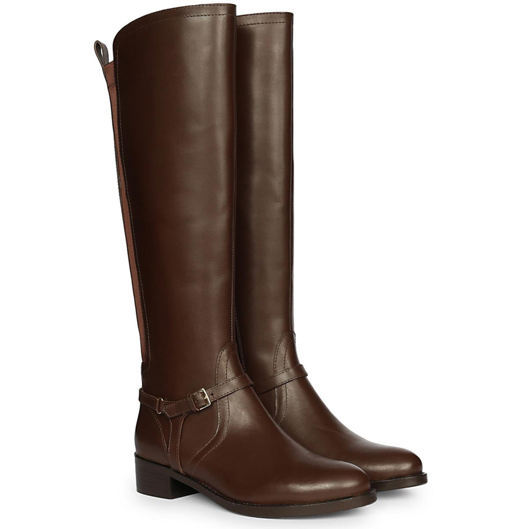 Brown leather knee high boots for women UK, pair view showing ankle buckle detail
