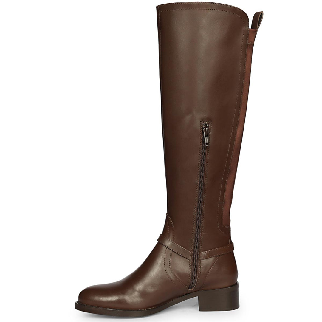 Saint Drusilla brown knee high boots, alternate side view showing zip closure