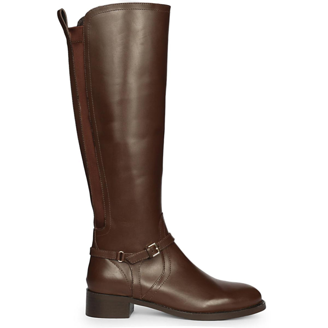 Saint Drusilla brown leather knee high boots for women, side view of ankle buckle strap