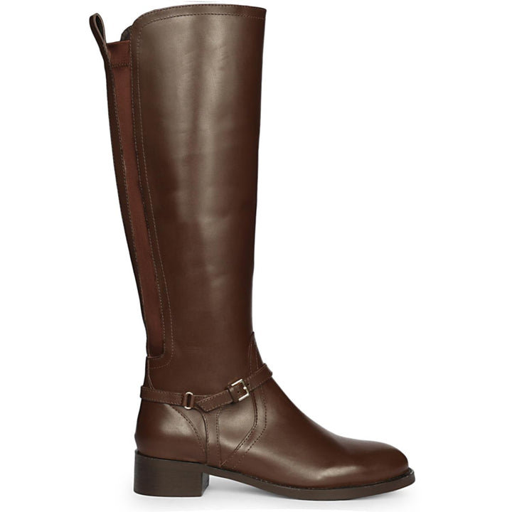 Saint Drusilla brown leather knee high boots for women, side view of ankle buckle strap