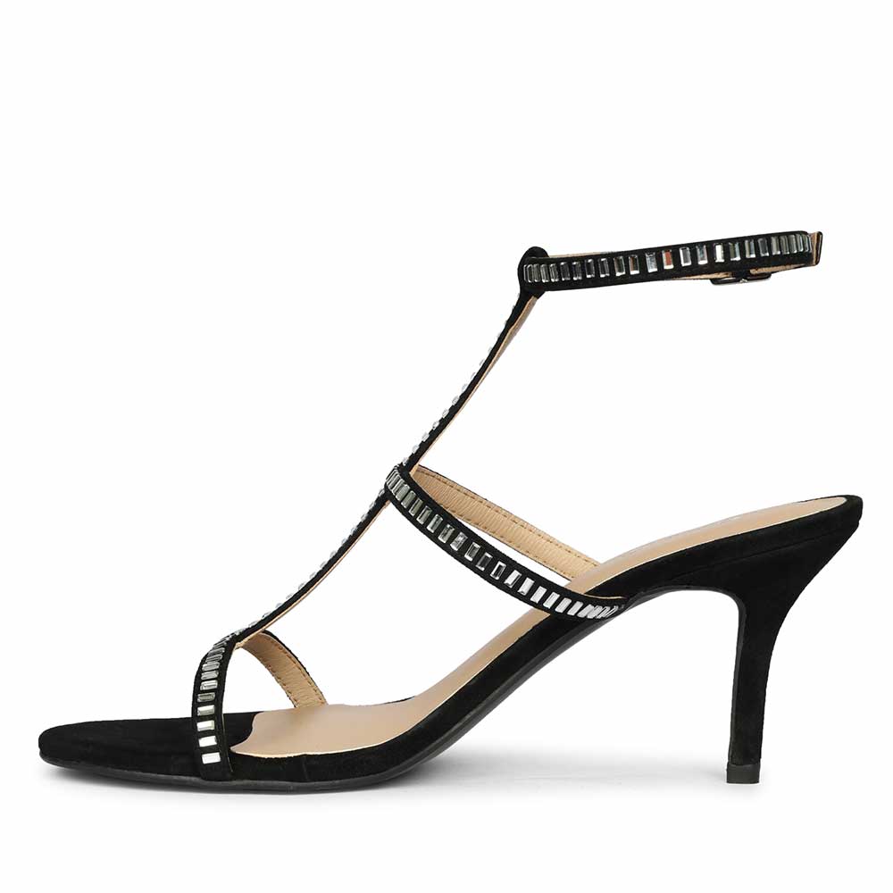 Women's Saint Dylan Strass-Embellished Black Leather Stilettos, angled view