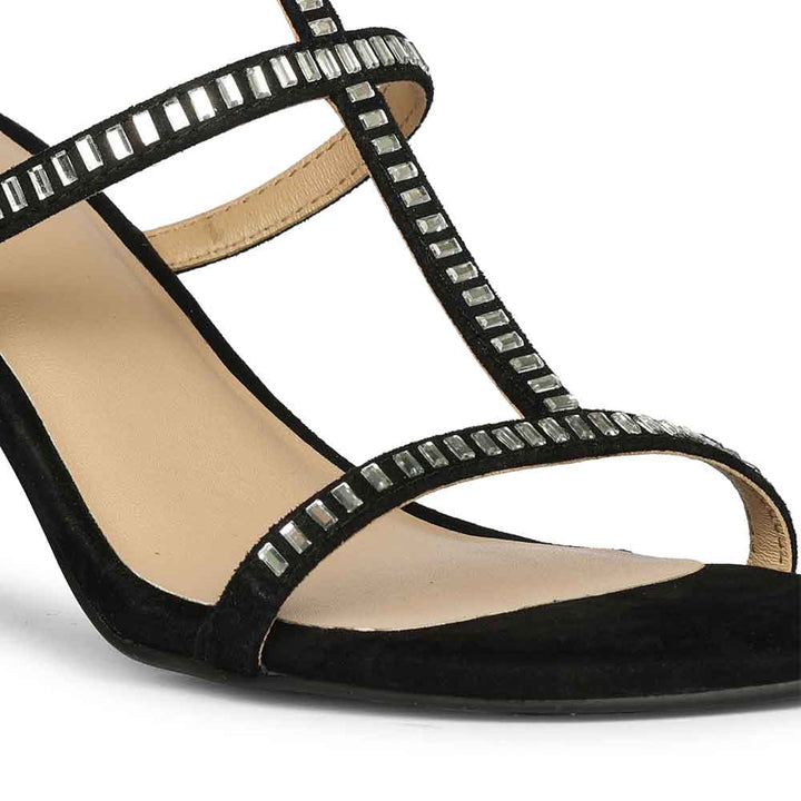 Close-up detail on Women's Saint Dylan Strass-Embellished Black Leather Stilettos