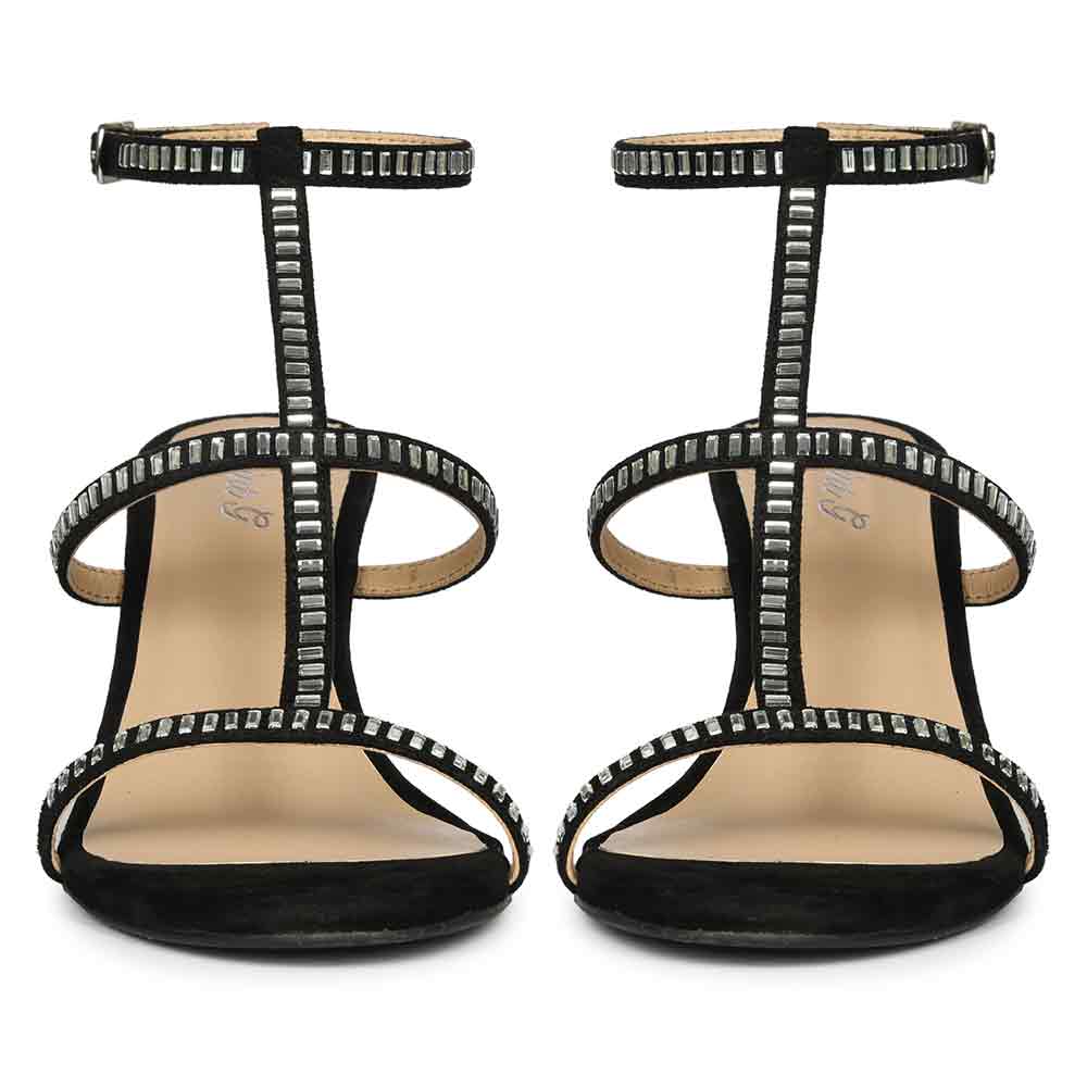 Women's Saint Dylan Strass-Embellished Black Leather Stilettos, front pair view
