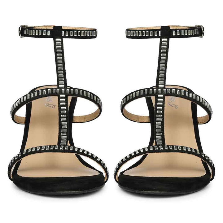Women's Saint Dylan Strass-Embellished Black Leather Stilettos, front pair view