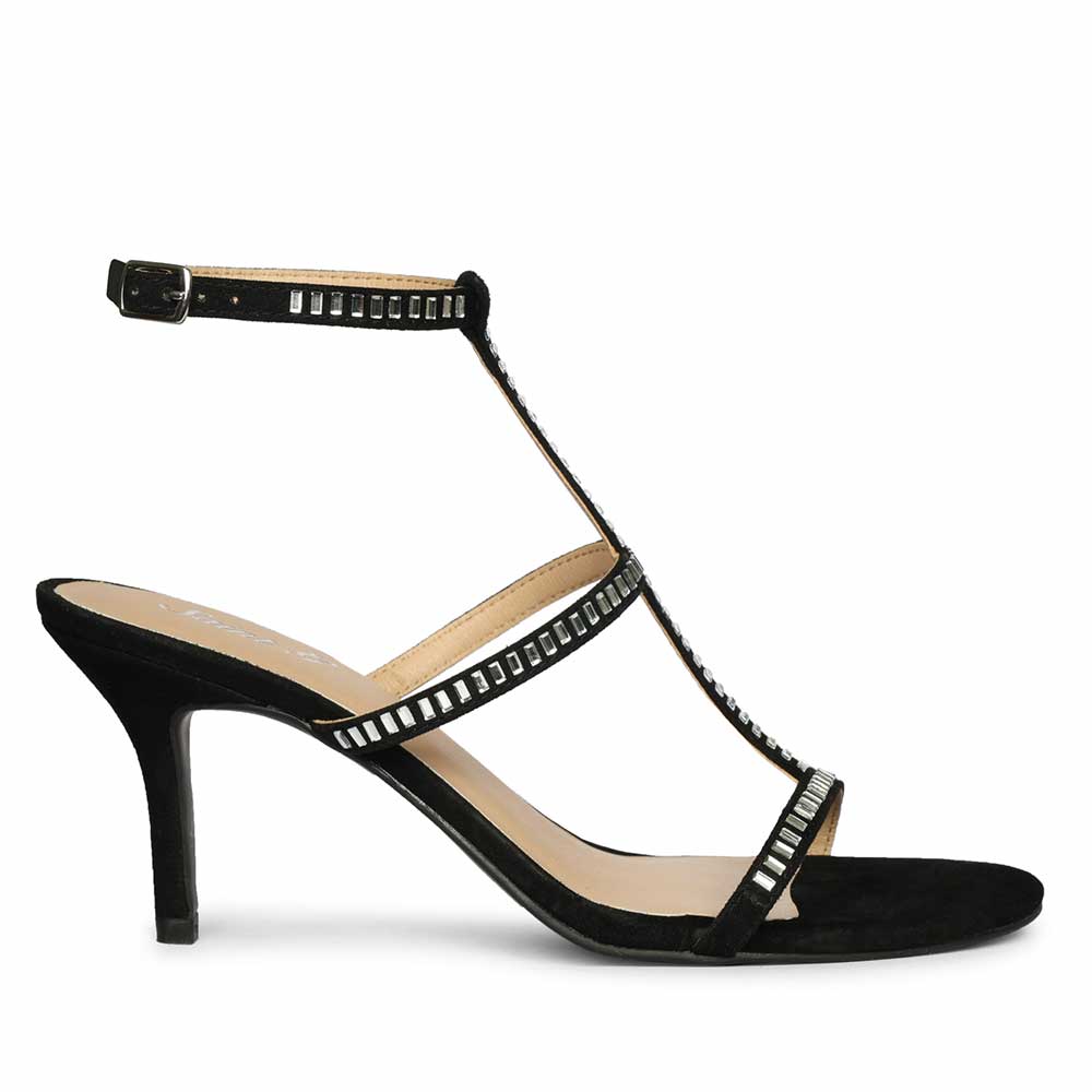 Women's Saint Dylan Strass-Embellished Black Leather Stilettos, side view