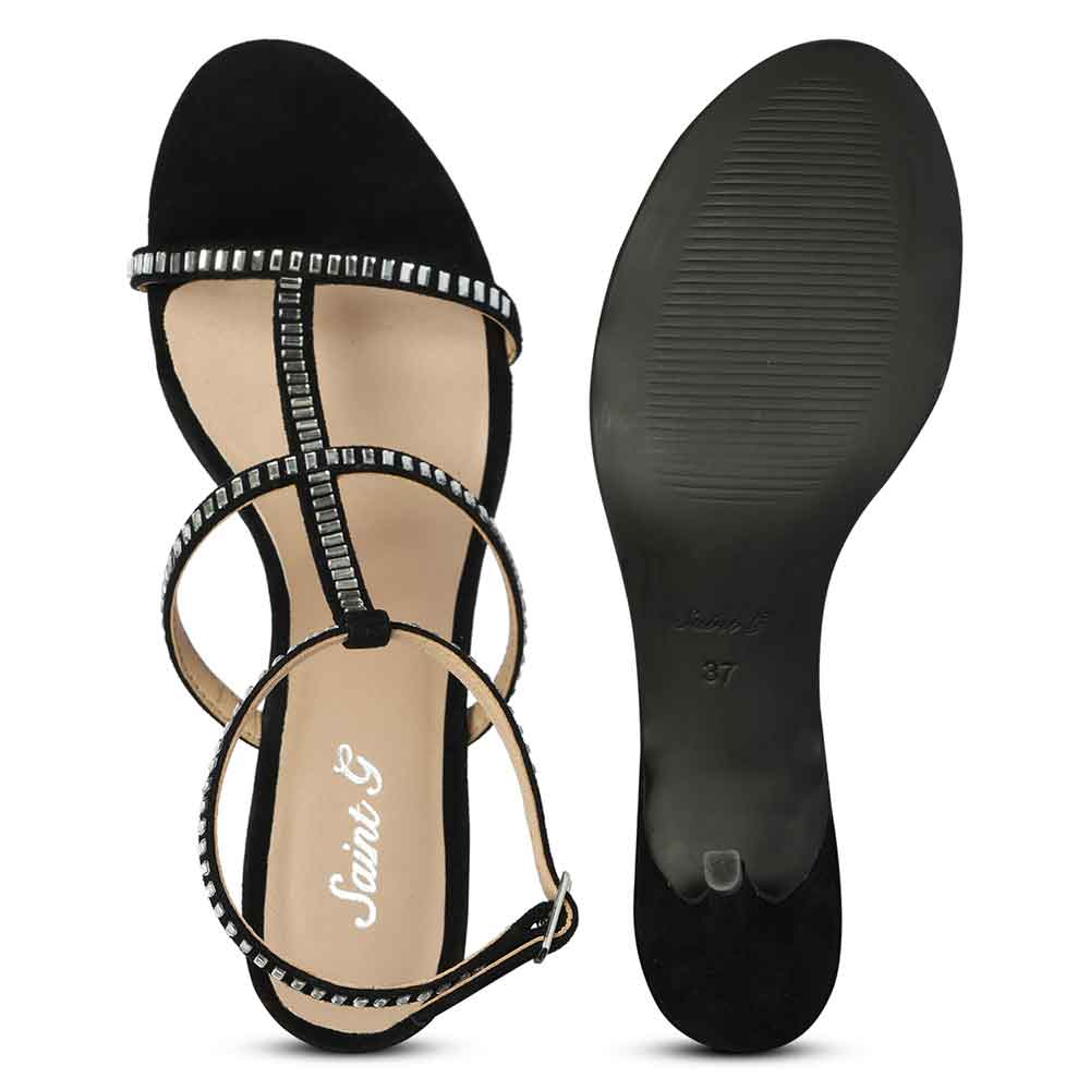 Women's Saint Dylan Strass-Embellished Black Leather Stilettos, sole view