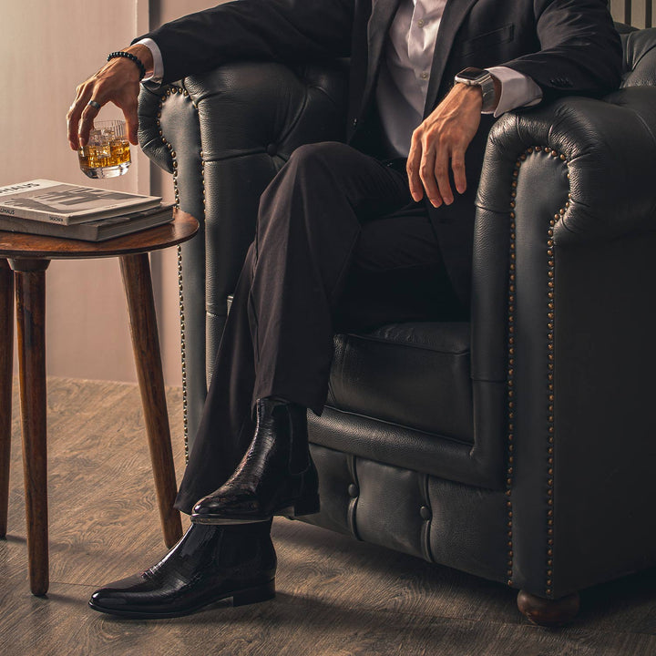 Saint Eadred mens chelsea boots in black croco patent leather – lifestyle shot