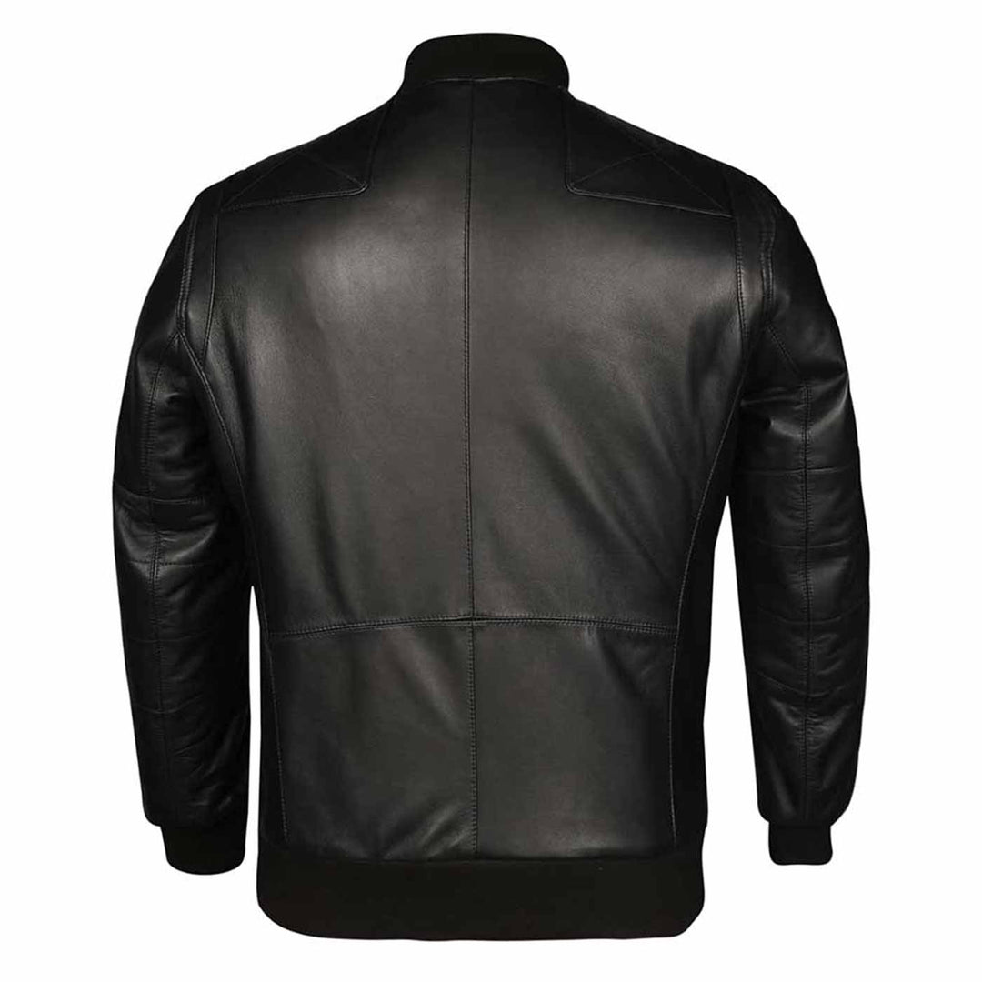 Back view of a black leather bomber jacket showing the quilted shoulder panels.