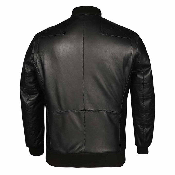 Back view of a black leather bomber jacket showing the quilted shoulder panels.