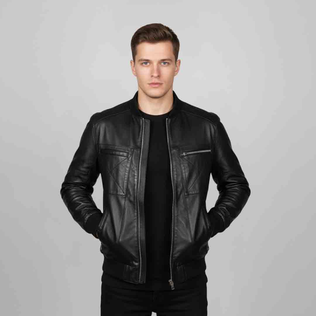 Man wearing an open black leather bomber jacket with quilted panels, front view.