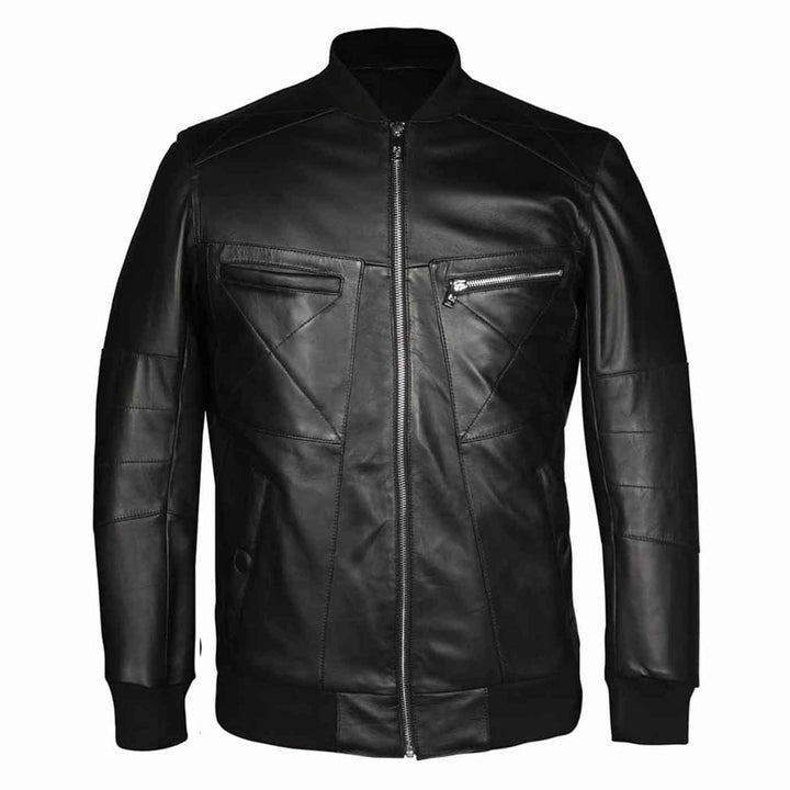 Black leather bomber jacket with geometric quilted panels, shown on a plain background.