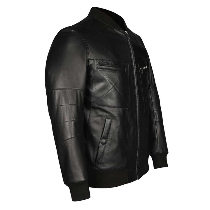 Side view of a black leather bomber jacket showing the quilted panel and pocket.