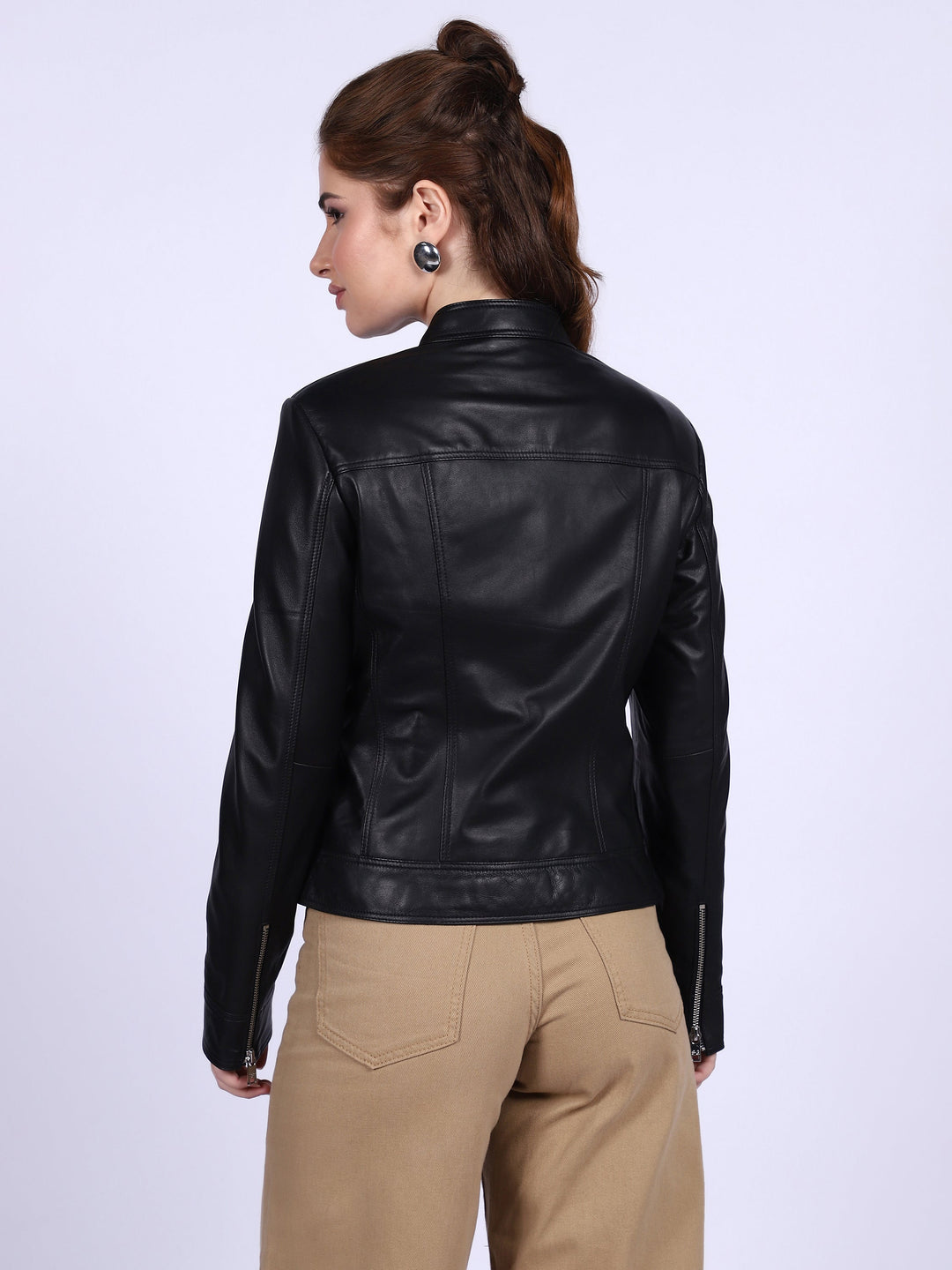 Saint Edwina black leather cafe racer jacket UK, back view