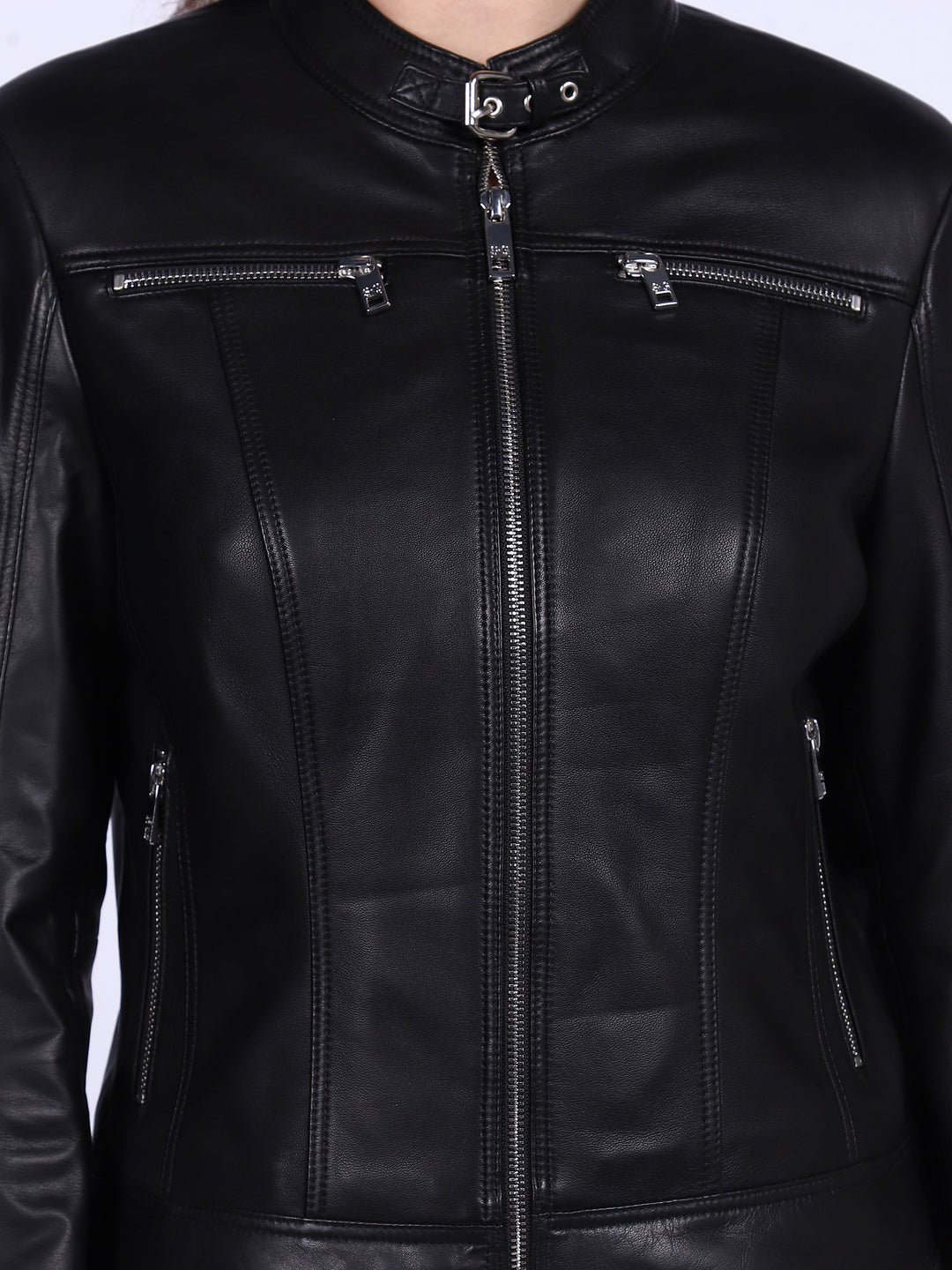 Close-up of snap collar and zip pockets on Saint Edwina black leather cafe racer jacket UK