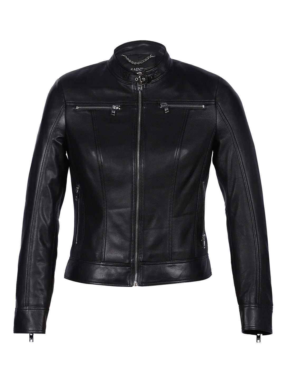 Saint Edwina black leather cafe racer jacket UK, flat product shot