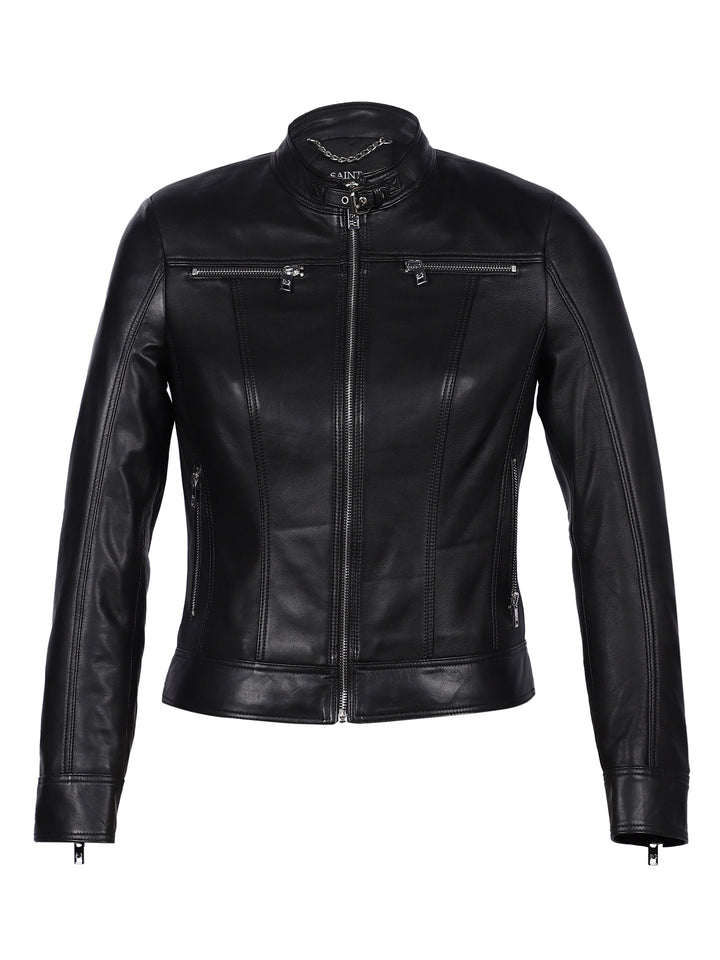 Saint Edwina black leather cafe racer jacket UK, flat product shot