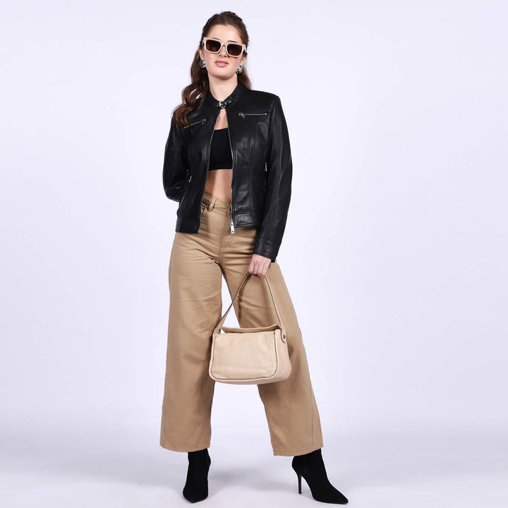 Women's black leather cafe racer jacket UK by Saint Edwina, styled full-length lifestyle shot