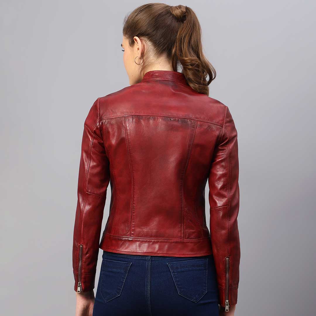 Saint Edwina burgundy leather cafe racer jacket UK, back view showing snap collar