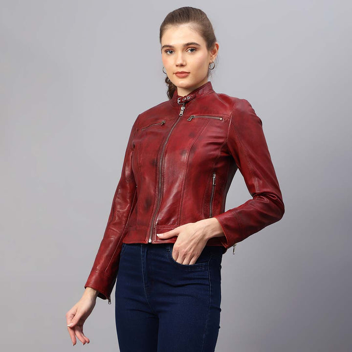Saint Edwina burgundy leather cafe racer jacket for women UK, front view with distressed finish