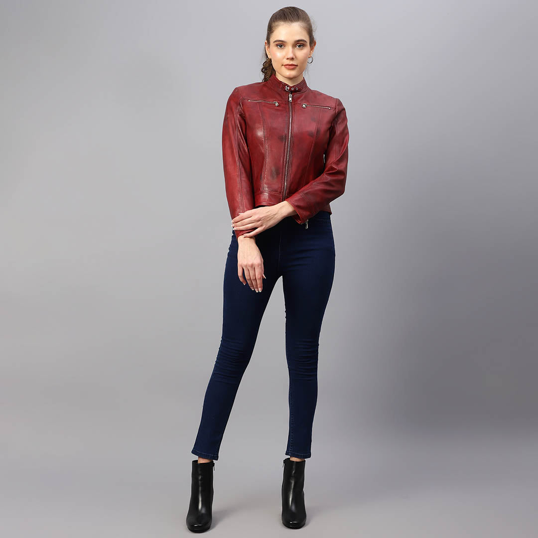 Burgundy leather cafe racer jacket for women UK, styled full-length lifestyle shot