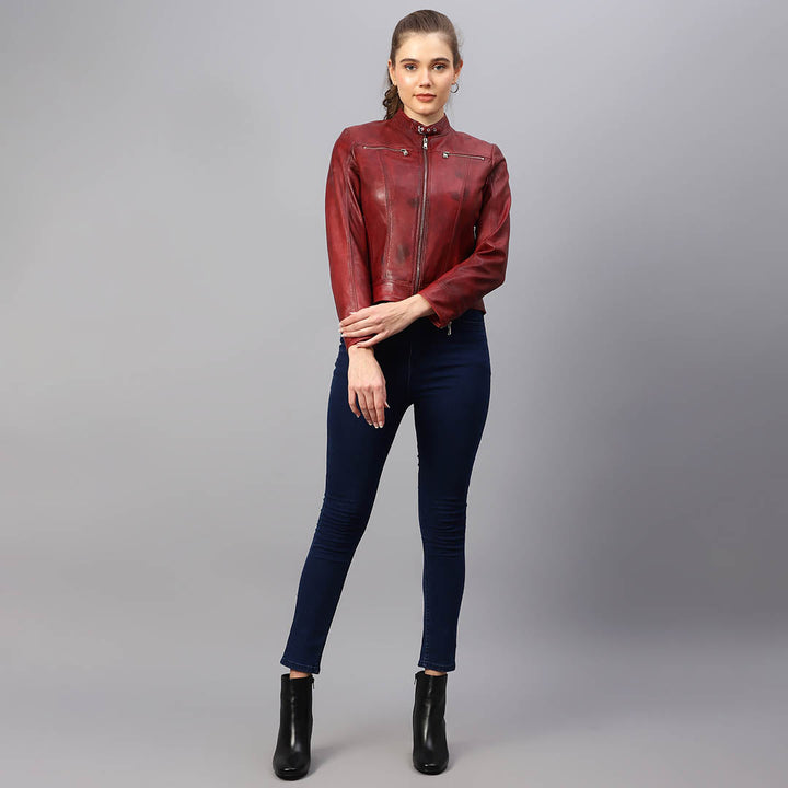 Burgundy leather cafe racer jacket for women UK, styled full-length lifestyle shot