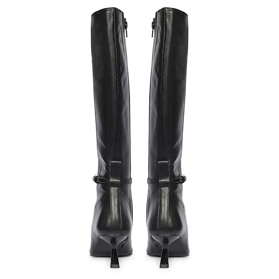 Women's Saint Elara black leather long boots, back pair view showing kitten heel